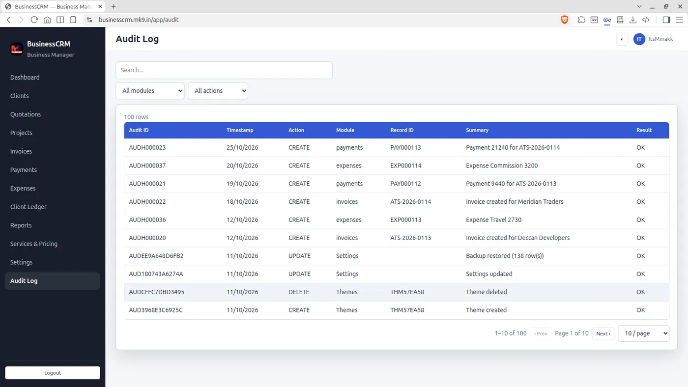 BusinessCRM audit log