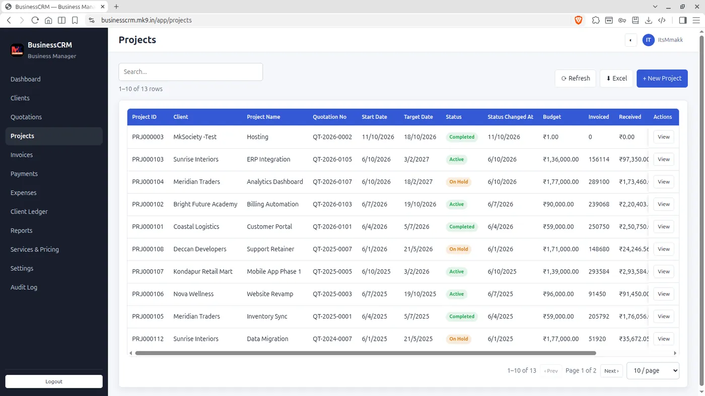 BusinessCRM projects and tasks