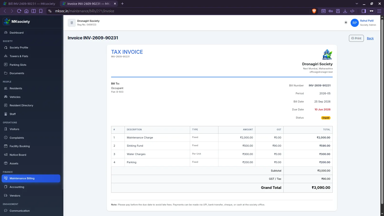 MKsociety invoice and receipt